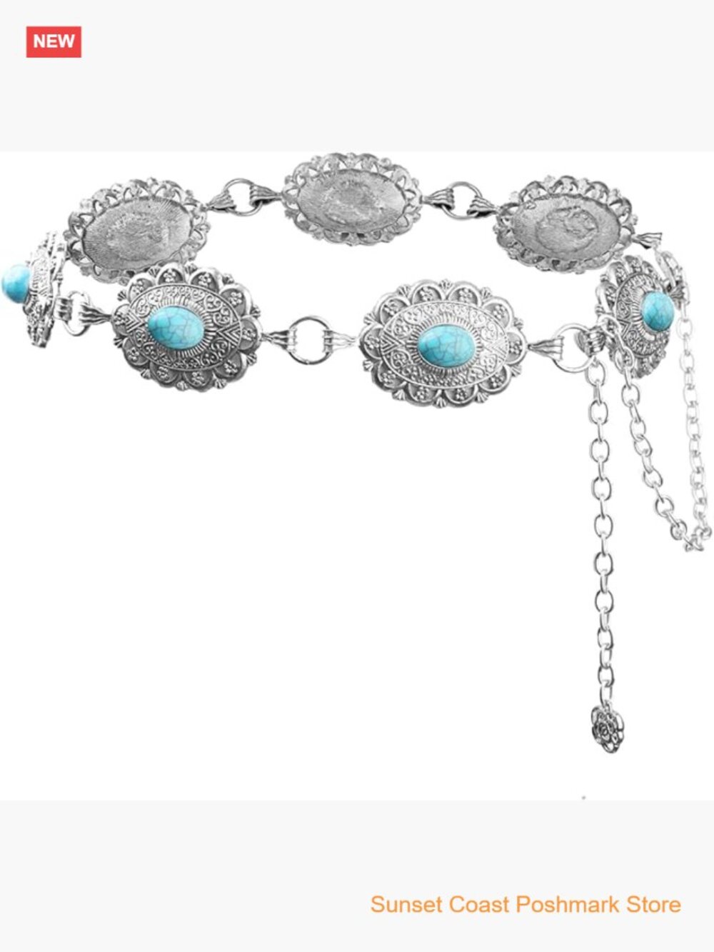 Western Concho Belt for Women - Metal Waist Chain with Oval Stones Retro Punk